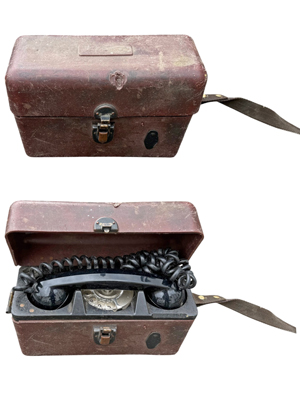Rare Vintage Field Telephone in Leather Case Props, Prop Hire