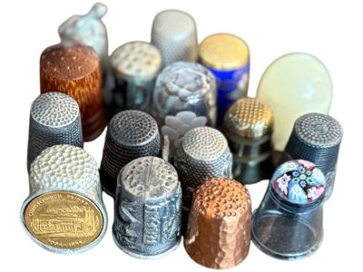 Thimbles Brass Copper Mother of Pearl Wood Props, Prop Hire