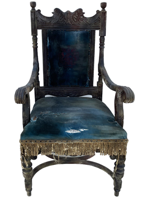 Weathered Blue Upholstered Baronial Chair Throne (10 Available) Props, Prop Hire