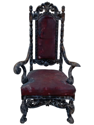 Weathered Red Upholstered Baronial Chair Throne Props, Prop Hire