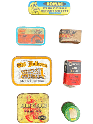 Retro Tins and Motor Bicycle Repair Props, Prop Hire