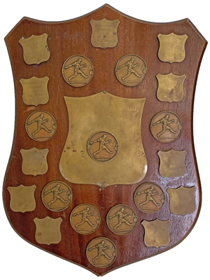 Vintage Oak and Brass Plaque Trophy Shield Football Props, Prop Hire