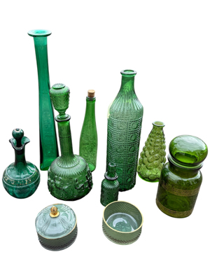 Green Glass Vintage Bottles Bowls Vases Props, Prop Hire