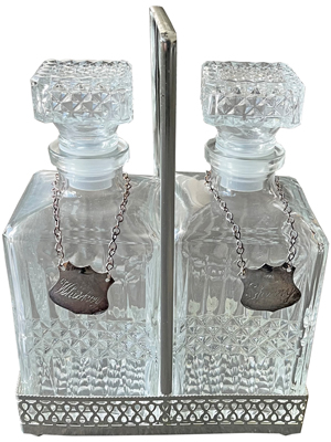 Whiskey Sherry Decanters In Silver Tray Props, Prop Hire